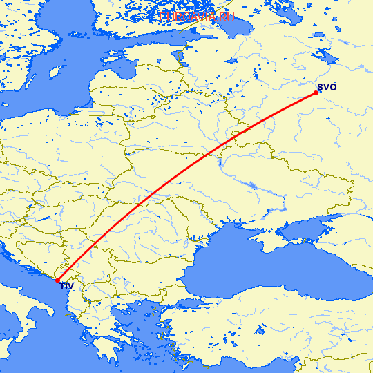 перелет Москва — Тиват на карте