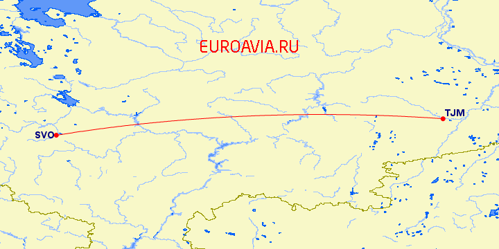 перелет Москва — Тюмень на карте