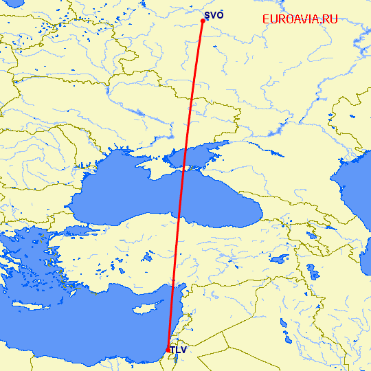 перелет Москва — Тель Авив на карте