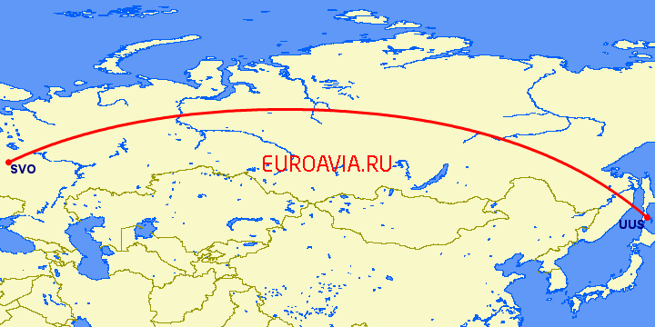 перелет Москва — Южно Сахалинск на карте