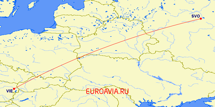 перелет Москва — Вена на карте