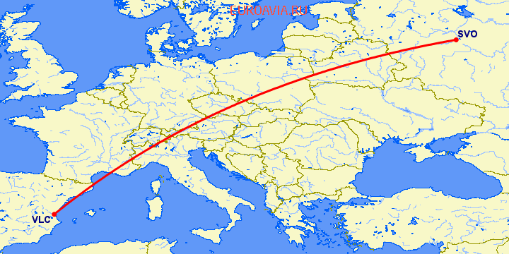 перелет Москва — Валенсия на карте
