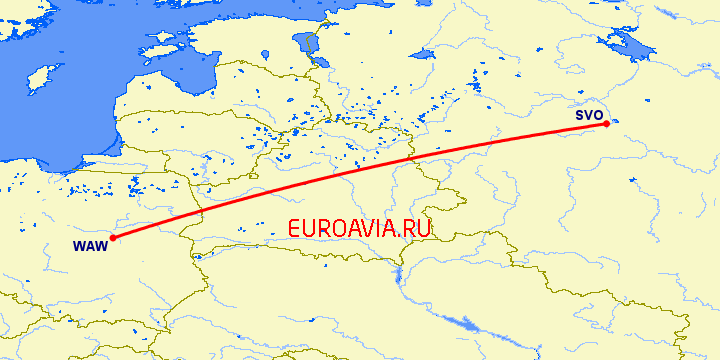 перелет Москва — Варшава на карте