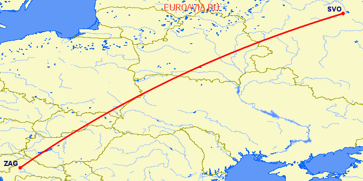 перелет Москва — Загреб на карте