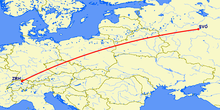 перелет Москва — Цюрих на карте