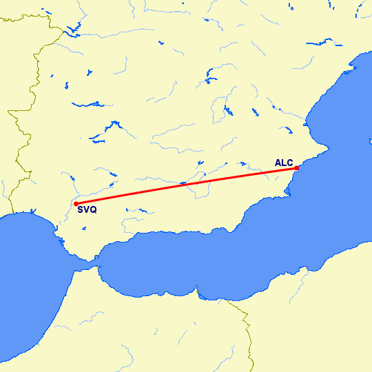 перелет Севилья — Аликанте на карте