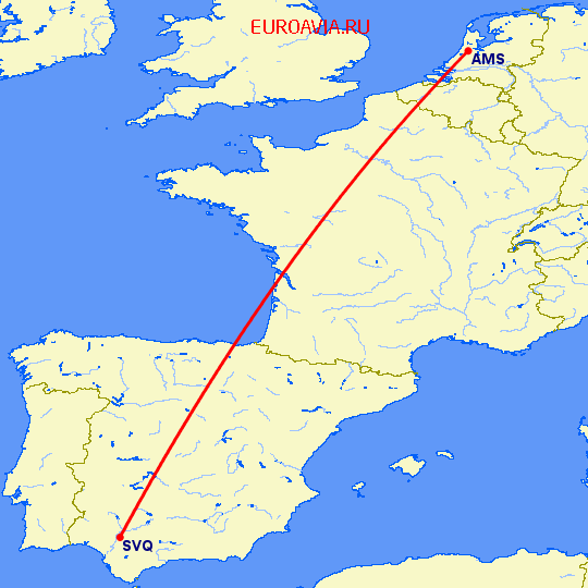 перелет Севилья — Амстердам на карте