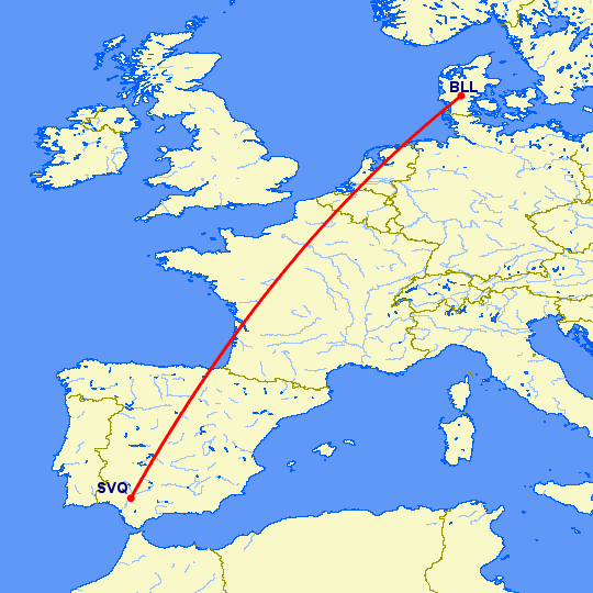 перелет Севилья — Биллунд на карте