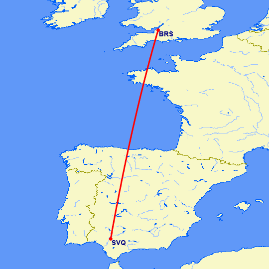 перелет Севилья — Бристоль на карте