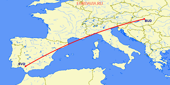 перелет Севилья — Будапешт на карте