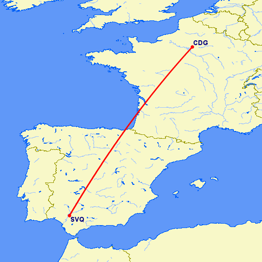 перелет Севилья — Париж на карте