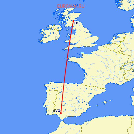 перелет Севилья — Эдинбург на карте