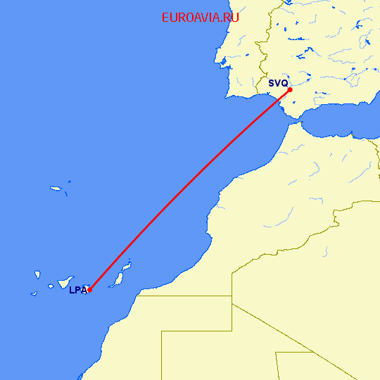 перелет Севилья — Лас Пальмас на карте
