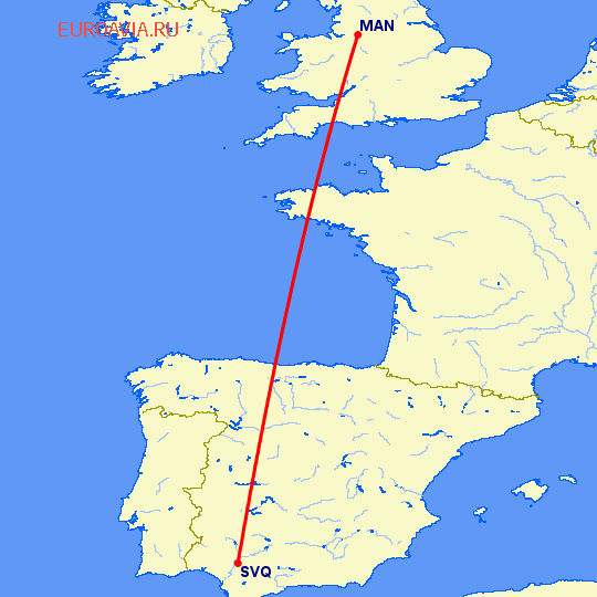 перелет Севилья — Манчестер на карте