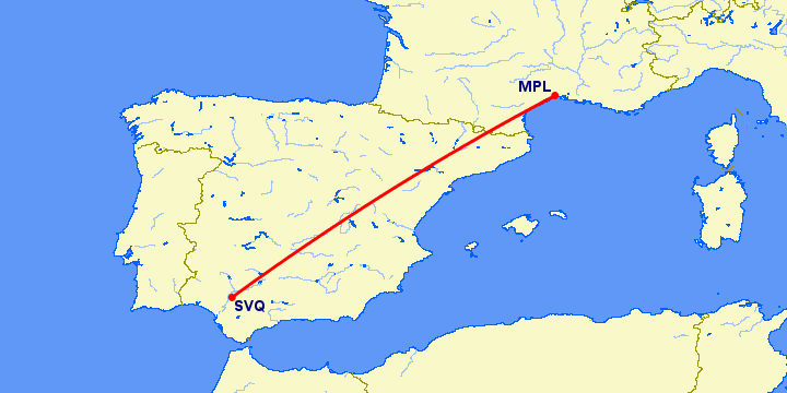 перелет Севилья — Монпелье на карте