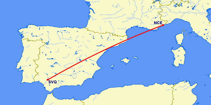 перелет Севилья — Ницца на карте