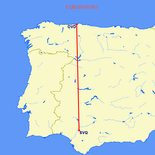перелет Севилья — Овьедо-Авилес на карте