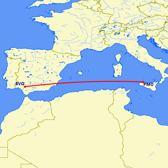 перелет Севилья — Палермо на карте