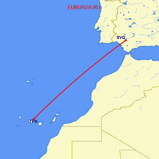 перелет Севилья — Тенерифе на карте