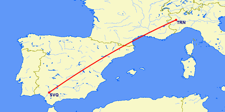 перелет Севилья — Турин на карте