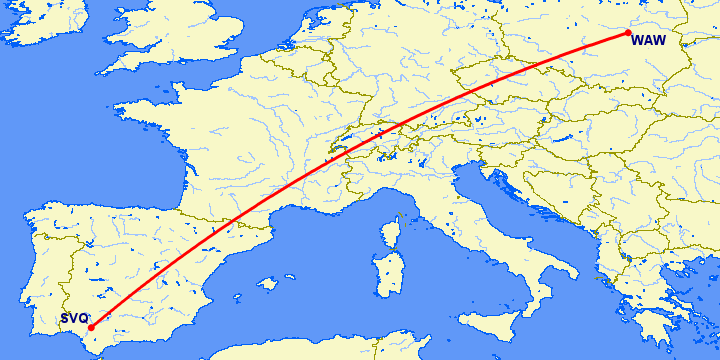 перелет Севилья — Варшава на карте