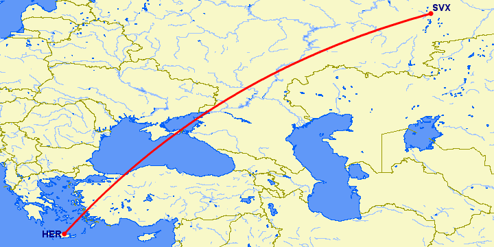 перелет Екатеринбург — Ираклион на карте