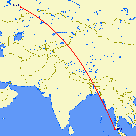 перелет Екатеринбург — Пхукет на карте