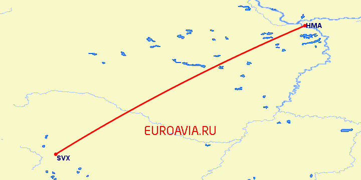 перелет Екатеринбург — Ханты Мансийск на карте