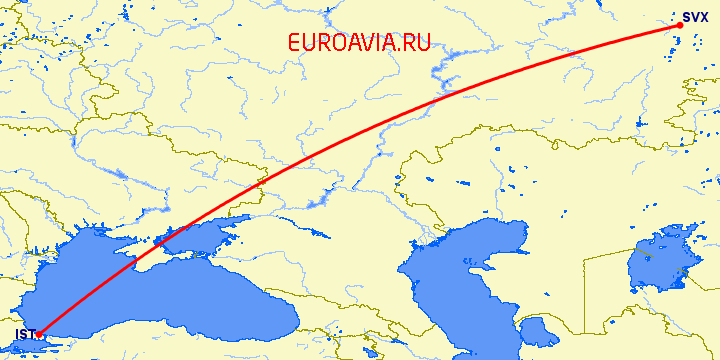 перелет Екатеринбург — Стамбул на карте