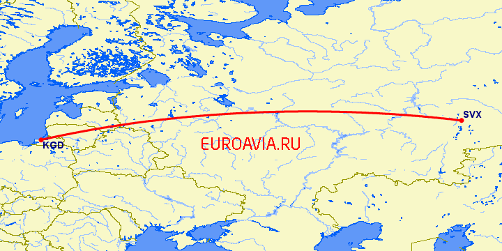 перелет Екатеринбург — Калининград на карте