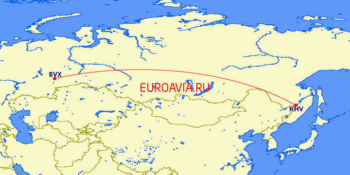 перелет Екатеринбург — Хабаровск на карте