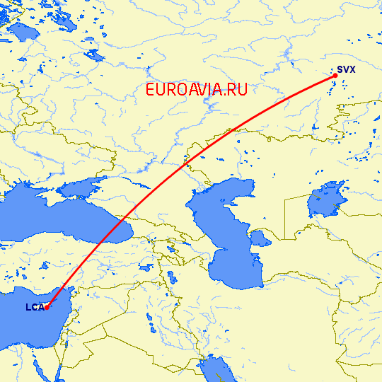 перелет Екатеринбург — Ларнака на карте