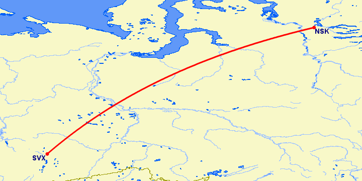 перелет Екатеринбург — Норильск на карте