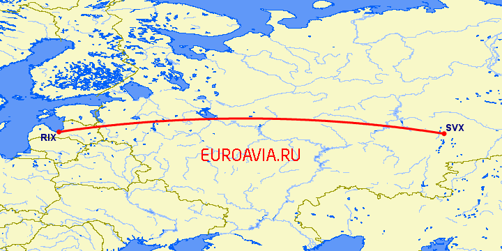перелет Екатеринбург — Рига на карте