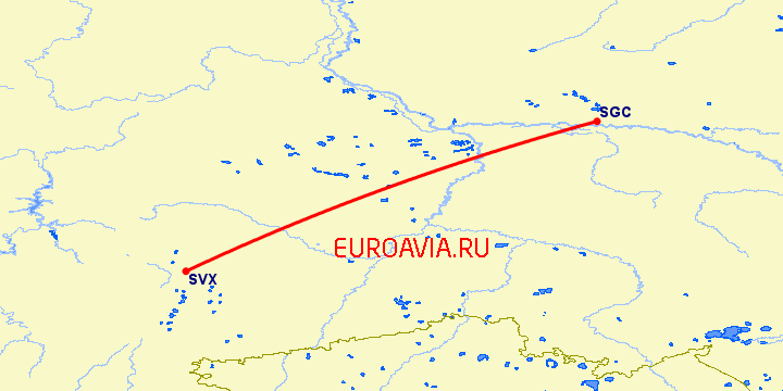 перелет Екатеринбург — Сургут на карте