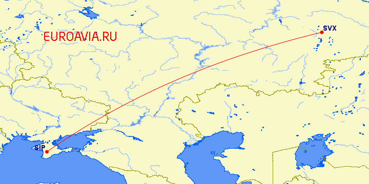 перелет Екатеринбург — Симферополь на карте