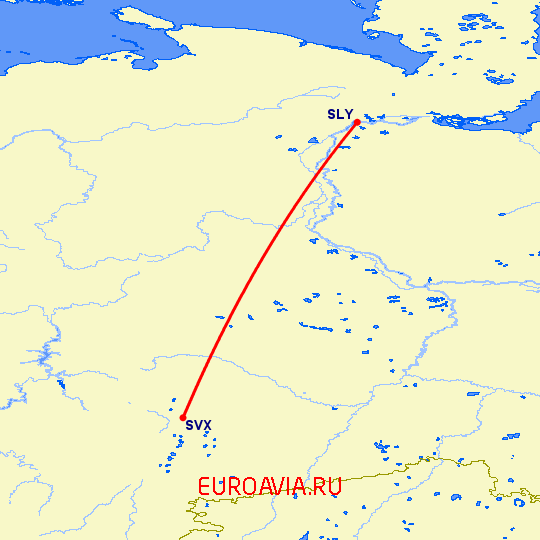 перелет Екатеринбург — Салехард на карте