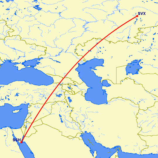 перелет Екатеринбург — Шарм эль Шейх на карте