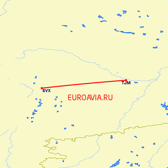 перелет Екатеринбург — Тюмень на карте