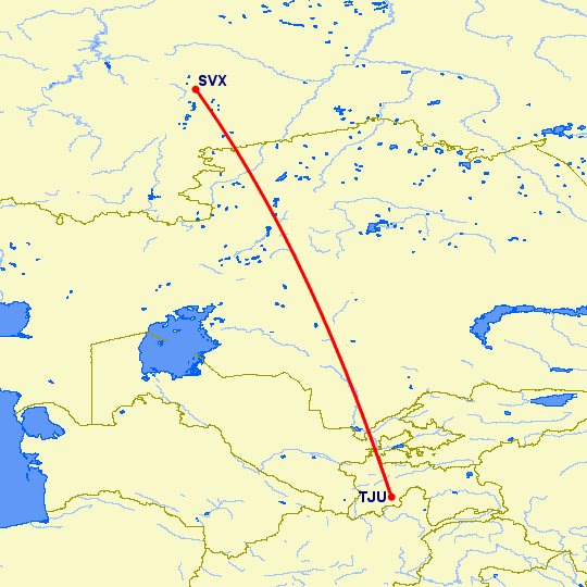 перелет Екатеринбург — Куляб на карте