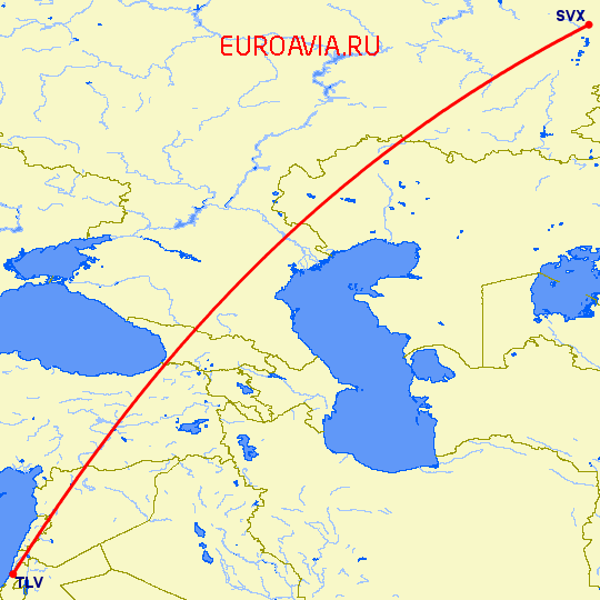 перелет Екатеринбург — Тель Авив на карте