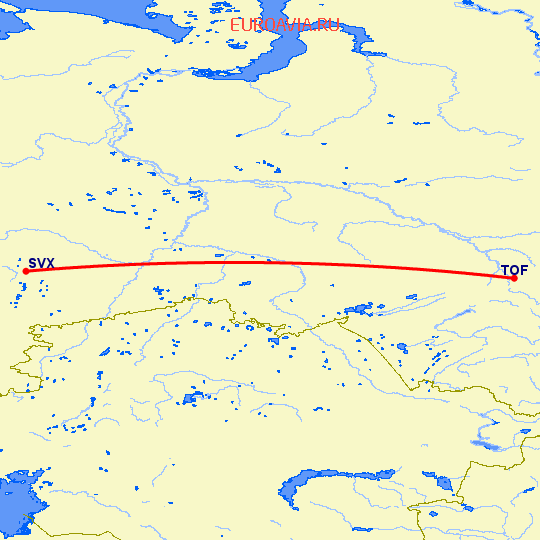 перелет Екатеринбург — Томск на карте