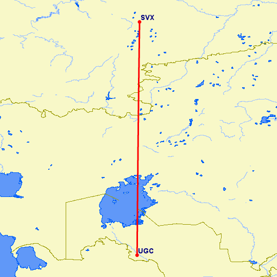 перелет Екатеринбург — Ургенч на карте