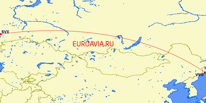перелет Екатеринбург — Владивосток на карте