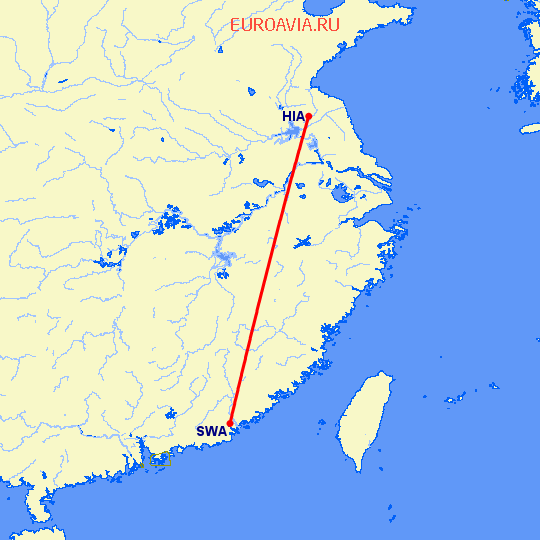перелет Шаньтоу — Хуайань на карте
