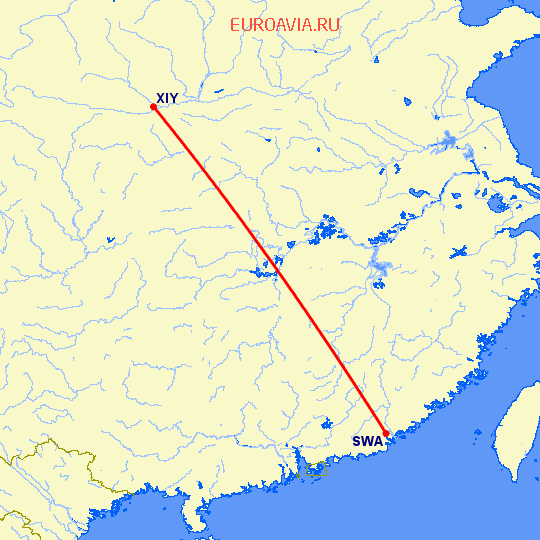 перелет Шаньтоу — Синьян на карте