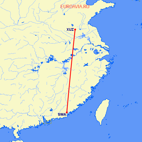перелет Шаньтоу — Хучжоу на карте