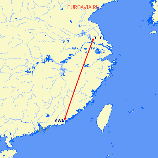 перелет Шаньтоу — Янчжоу на карте