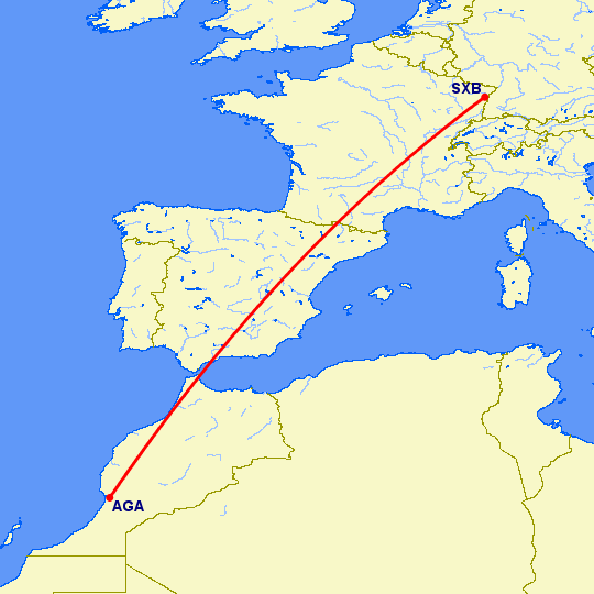 перелет Страсбург — Агадир на карте