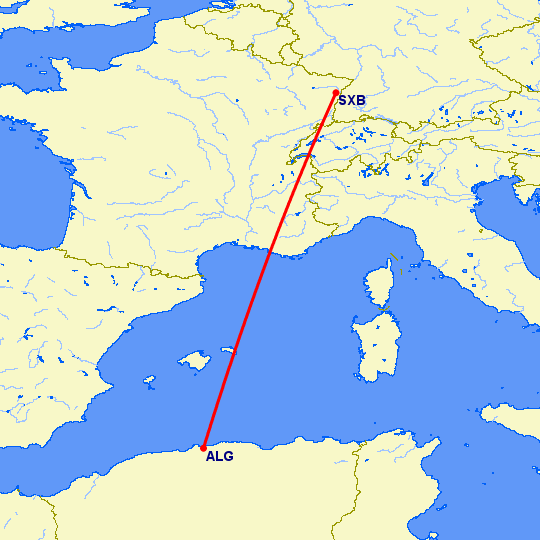 перелет Страсбург — Алжир на карте